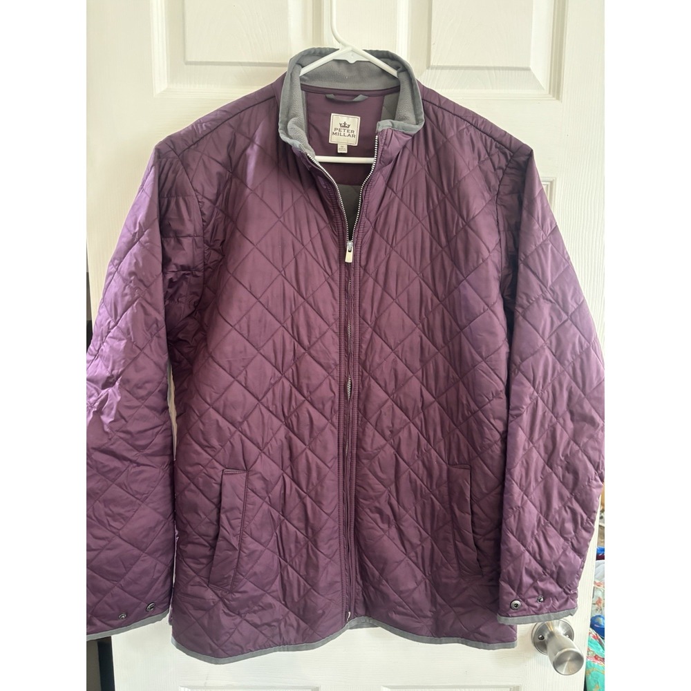 Peter Millar Suffolk Quilted Travel Jacket Men Med Plum Gray Puffer Zip Snap EUC